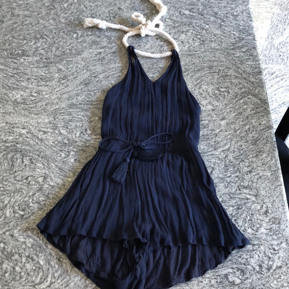 Blue open back halter romper
